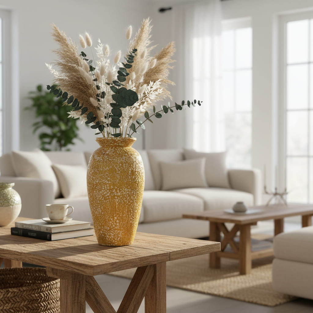 Vaas Siena – design vaas van papier en bamboe in warm geel