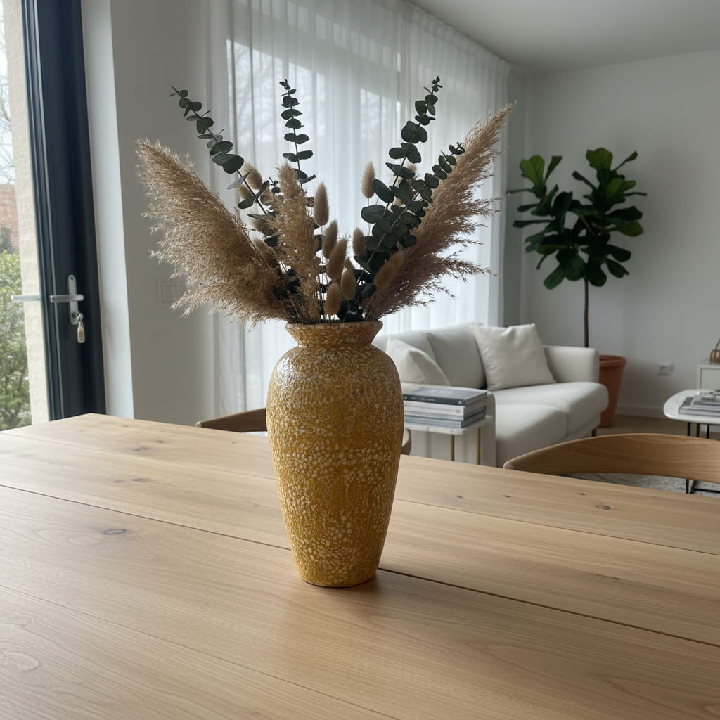 Vaas Siena – design vaas van papier en bamboe in warm geel