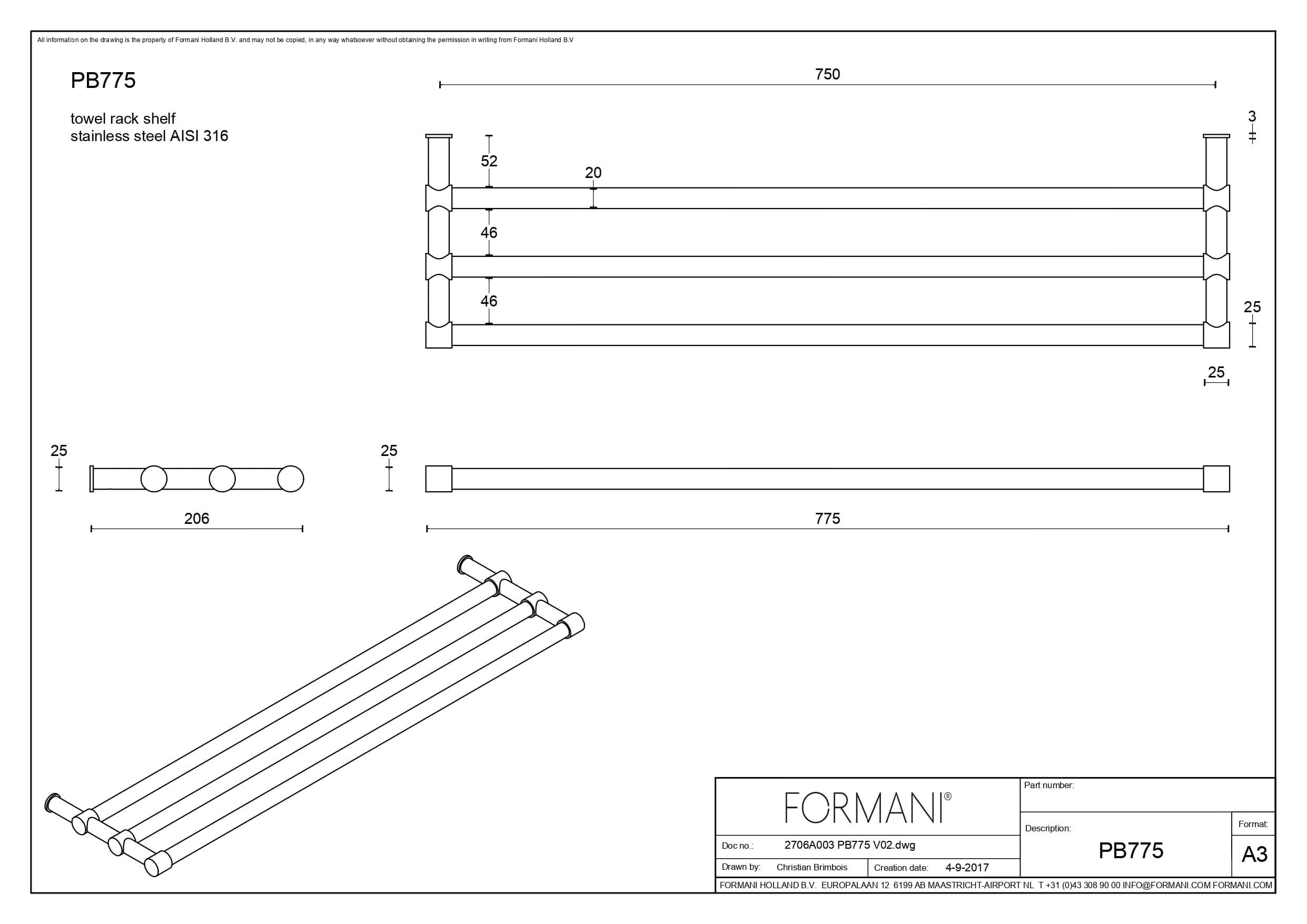 Handdoekrek Piet Boon PB775 mat roestvast staal AISI 316 - 77,5cm